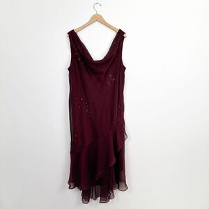 Alex Evenings Women’s Plus Size Burgundy Maroon Drape Beaded High Low Hem Dress